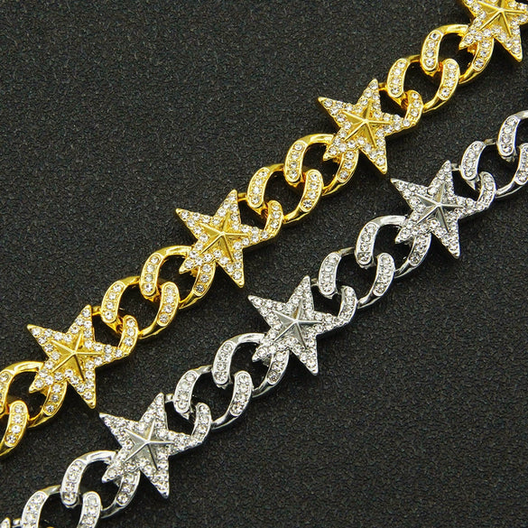 Hiphop Alloy Threedimensional Stars Diamond Cuban Chain Men's Bracelet