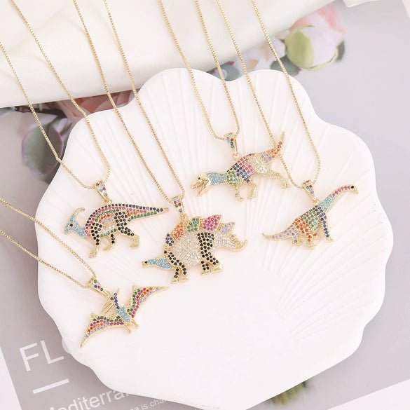 Hiphop Dinosaur Pendant Zircon Necklace Copper Electroplated