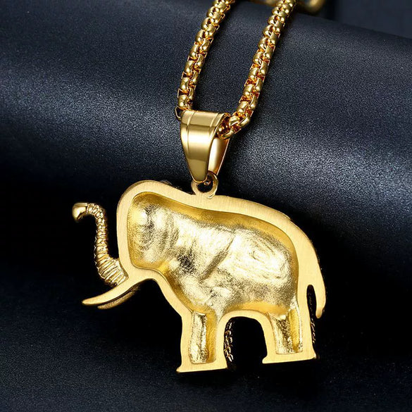 Hiphop Jewelry Titanium Steel Gold Plated African Elephant Pendant Necklace With Vacuum Plating