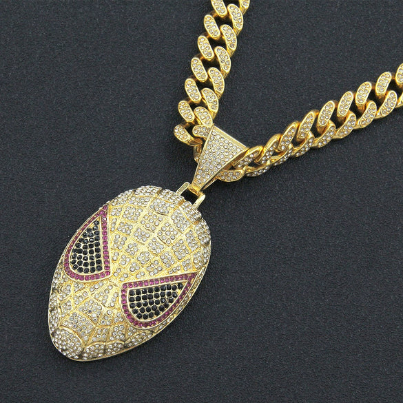 Hiphop Style Alloy Mask Pendant Cuban Necklace With Geometric Pattern And Colored Diamond Design For Men