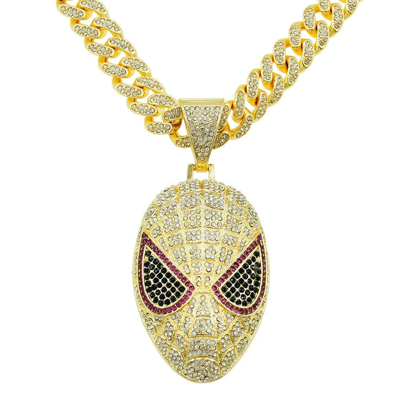 Hiphop Style Alloy Mask Pendant Cuban Necklace With Geometric Pattern And Colored Diamond Design For Men
