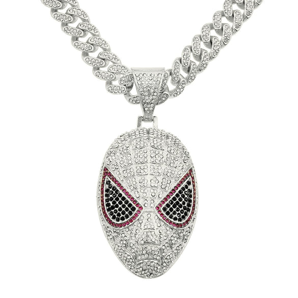 Hiphop Style Alloy Mask Pendant Cuban Necklace With Geometric Pattern And Colored Diamond Design For Men