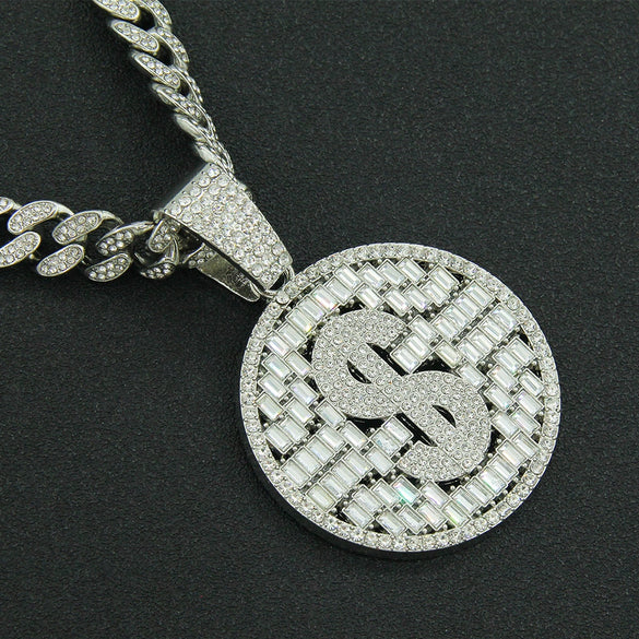 Hiphop Style Alloy Pendant Necklace With Geometric Pattern And Diamond Cuban Chain Design For Men