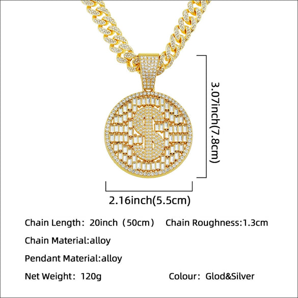 Hiphop Style Alloy Pendant Necklace With Geometric Pattern And Diamond Cuban Chain Design For Men
