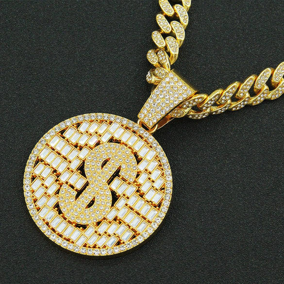 Hiphop Style Alloy Pendant Necklace With Geometric Pattern And Diamond Cuban Chain Design For Men