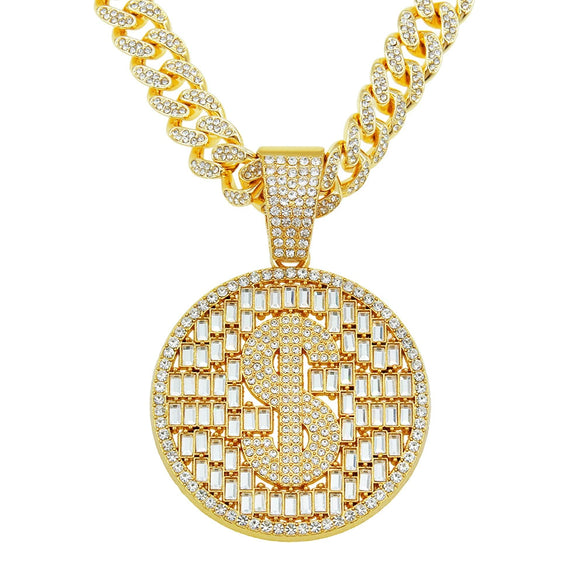 Hiphop Style Alloy Pendant Necklace With Geometric Pattern And Diamond Cuban Chain Design For Men