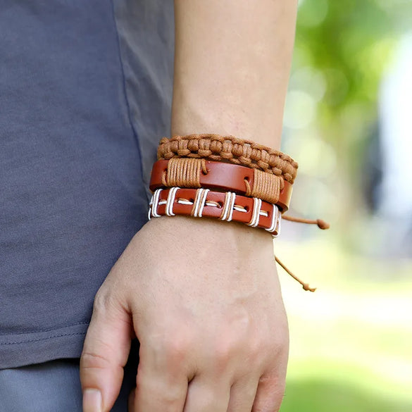 Hiphop Style Vintage Braided Cowhide 10 Piece Leather Bracelet For Women