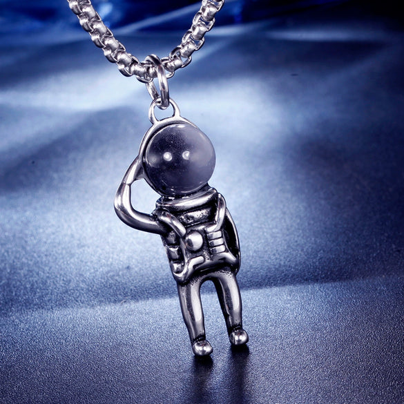 Hipster Hip Hop Retro Three Dimensional Space Astronaut Pendant Stainless Steel Necklace With Geometric Design And Electroplating