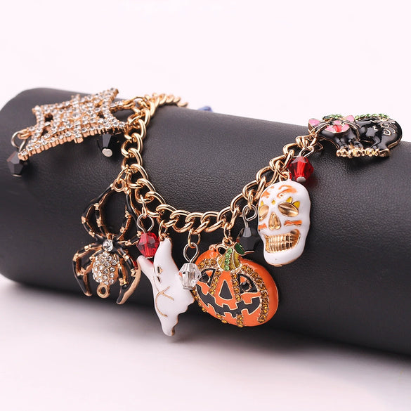 Holiday Hand Accessories Halloween Pumpkin Spider Ghost Pearl Crystal Bracelet Alloy Dripping Oil Jewelry Unisex