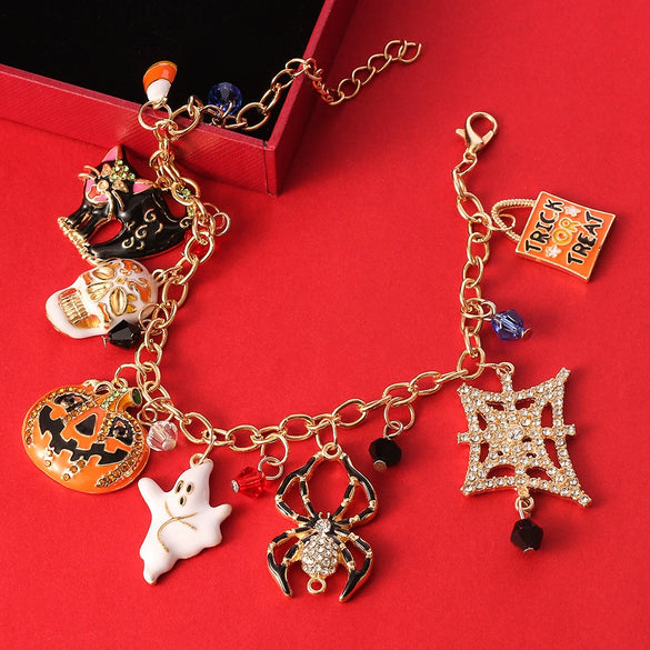 Holiday Hand Accessories Halloween Pumpkin Spider Ghost Pearl Crystal Bracelet Alloy Dripping Oil Jewelry Unisex
