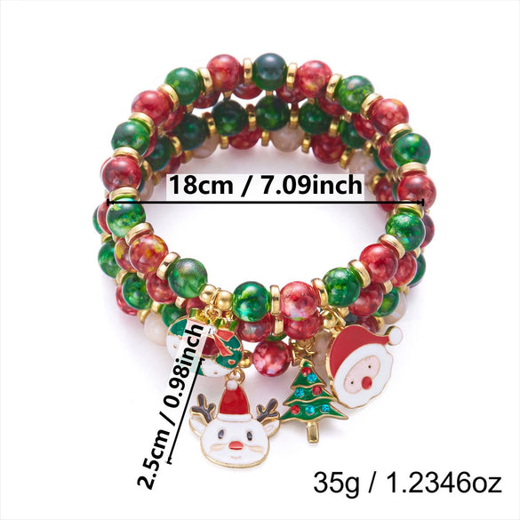 Holiday Red And Green Round Beaded Bracelets With Candy Cane And Snowflake Charms Handmade Alloy Heart Colorblock Unisex Fashion Wristbands