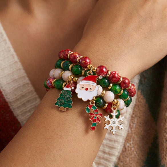 Holiday Red And Green Round Beaded Bracelets With Candy Cane And Snowflake Charms Handmade Alloy Heart Colorblock Unisex Fashion Wristbands