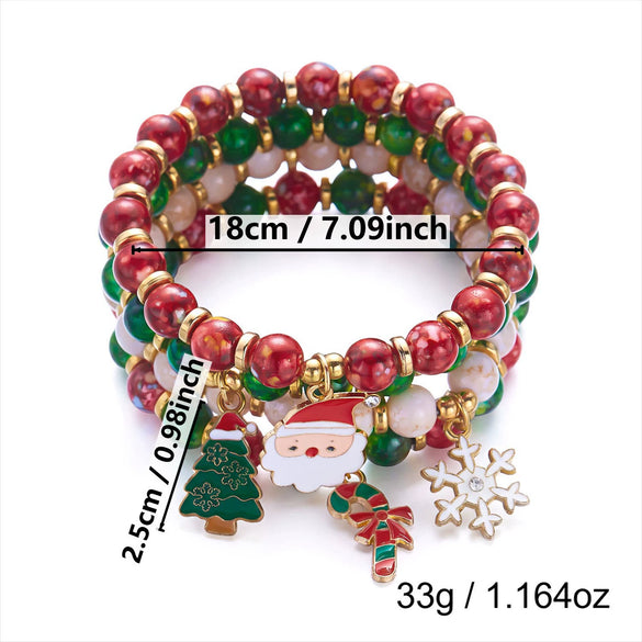 Holiday Red And Green Round Beaded Bracelets With Candy Cane And Snowflake Charms Handmade Alloy Heart Colorblock Unisex Fashion Wristbands