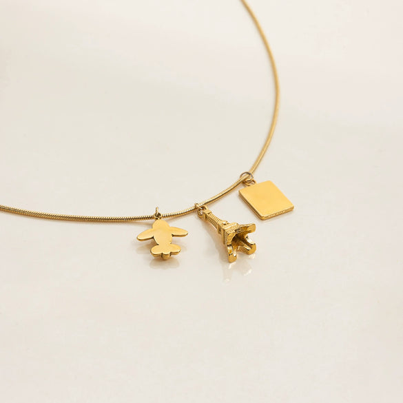 Holiday Style 18K Gold Plated Stainless Steel And Titanium Steel Geometric Eiffel Tower Airplane Pendant Necklace For Women