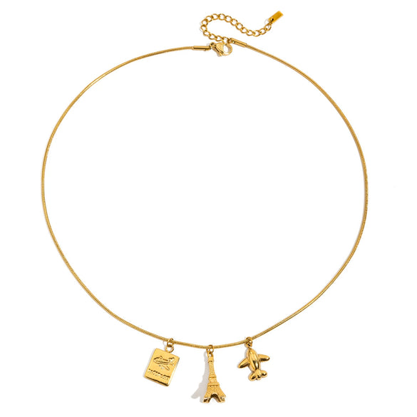 Holiday Style 18K Gold Plated Stainless Steel And Titanium Steel Geometric Eiffel Tower Airplane Pendant Necklace For Women