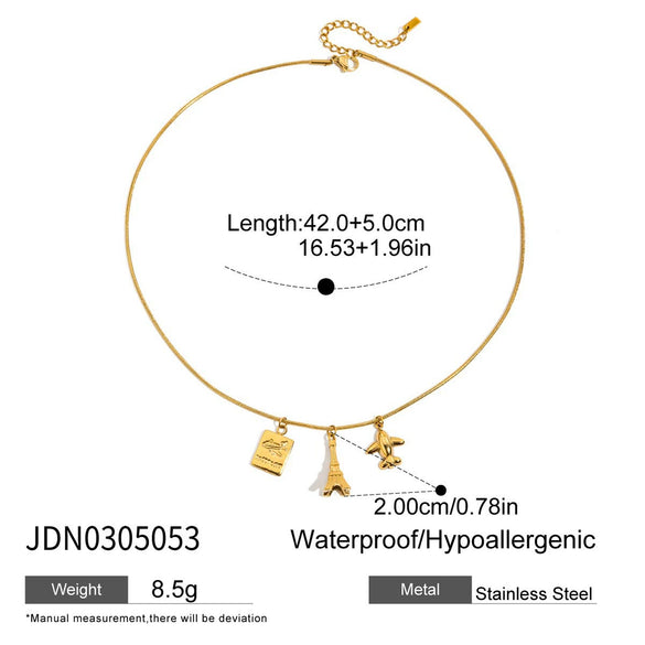 Holiday Style 18K Gold Plated Stainless Steel And Titanium Steel Geometric Eiffel Tower Airplane Pendant Necklace For Women