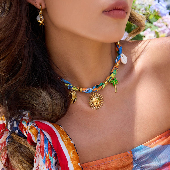 Holiday Style Silk Scarf Titanium Steel And Stainless Steel Necklace With Geometric Shape Electroplated Clavicle Chain For Women