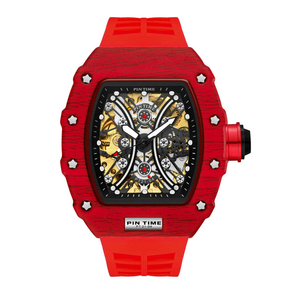 Hollow Automatic Mechanical Men's Watch With Square Dial Silicone Strap Metal Case And Coated Glass Mirror