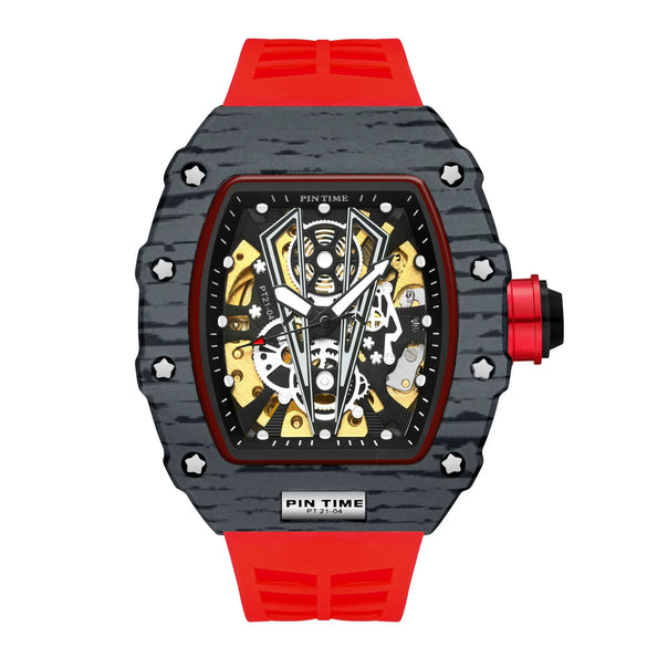 Hollow Automatic Mechanical Men's Watch With Square Dial Silicone Strap Metal Case And Coated Glass Mirror