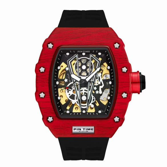 Hollow Automatic Mechanical Men's Watch With Square Dial Silicone Strap Metal Case And Coated Glass Mirror