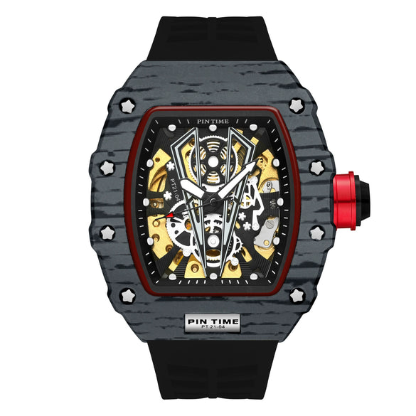 Hollow Automatic Mechanical Men's Watch With Square Dial Silicone Strap Metal Case And Coated Glass Mirror