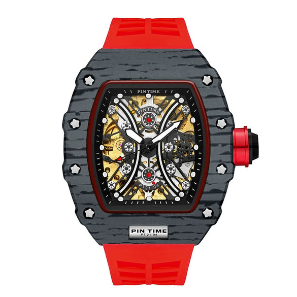Hollow Automatic Mechanical Men's Watch With Square Dial Silicone Strap Metal Case And Coated Glass Mirror
