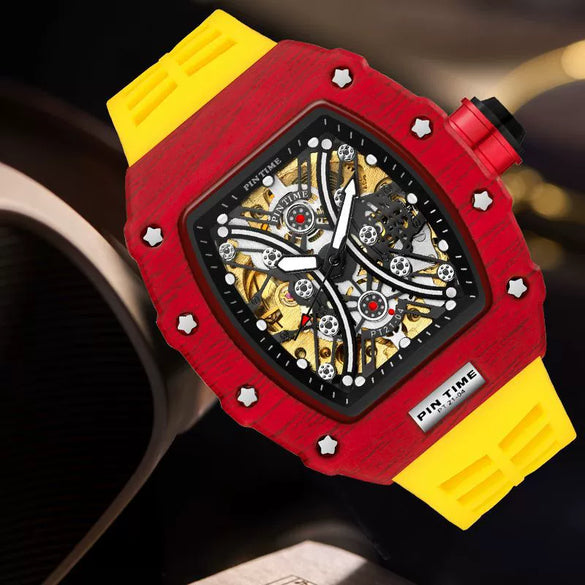 Hollow Automatic Mechanical Men's Watch With Square Dial Silicone Strap Metal Case And Coated Glass Mirror