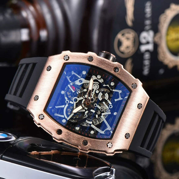 Hollow Barrel Shape Quartz Wrist Watch Fashion Business Style Rubber Strap Stainless Steel Clasp Pointer Display