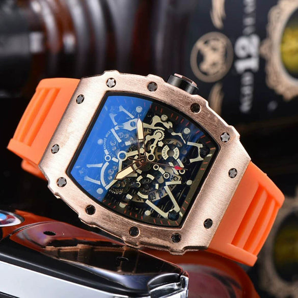Hollow Barrel Shape Quartz Wrist Watch Fashion Business Style Rubber Strap Stainless Steel Clasp Pointer Display