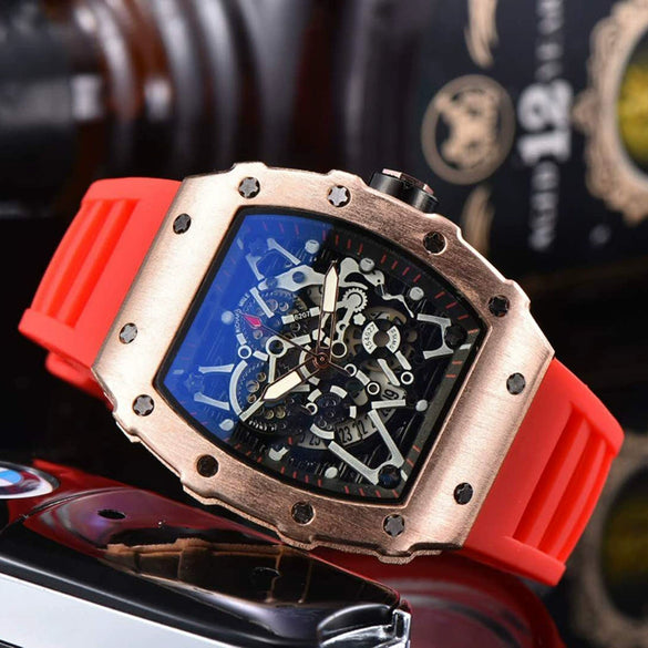 Hollow Barrel Shape Quartz Wrist Watch Fashion Business Style Rubber Strap Stainless Steel Clasp Pointer Display