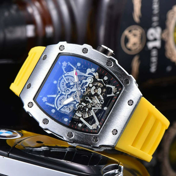 Hollow Barrel Shape Quartz Wrist Watch Fashion Business Style Rubber Strap Stainless Steel Clasp Pointer Display