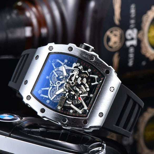 Hollow Barrel Shape Quartz Wrist Watch Fashion Business Style Rubber Strap Stainless Steel Clasp Pointer Display