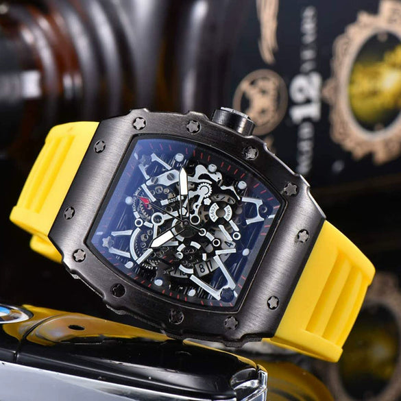 Hollow Barrel Shape Quartz Wrist Watch Fashion Business Style Rubber Strap Stainless Steel Clasp Pointer Display