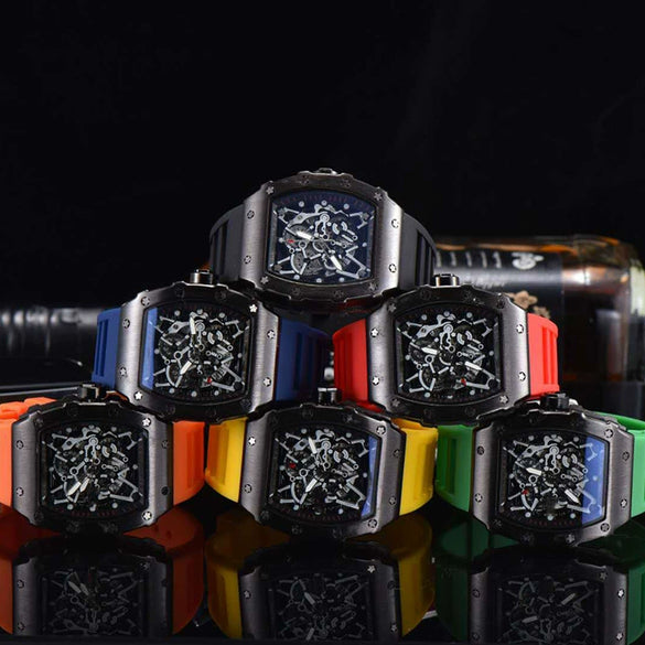 Hollow Barrel Shape Quartz Wrist Watch Fashion Business Style Rubber Strap Stainless Steel Clasp Pointer Display