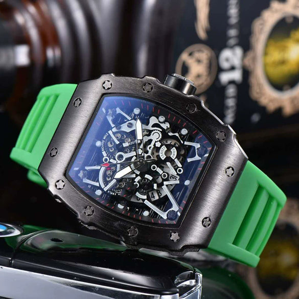 Hollow Barrel Shape Quartz Wrist Watch Fashion Business Style Rubber Strap Stainless Steel Clasp Pointer Display