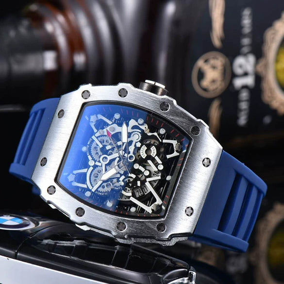 Hollow Barrel Shape Quartz Wrist Watch Fashion Business Style Rubber Strap Stainless Steel Clasp Pointer Display