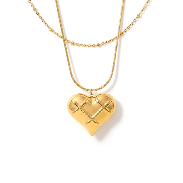 Hollow Check Love Pendant Stainless Steel Necklace With 18K Real Gold Plated Electroplating For Women Geometric Styling