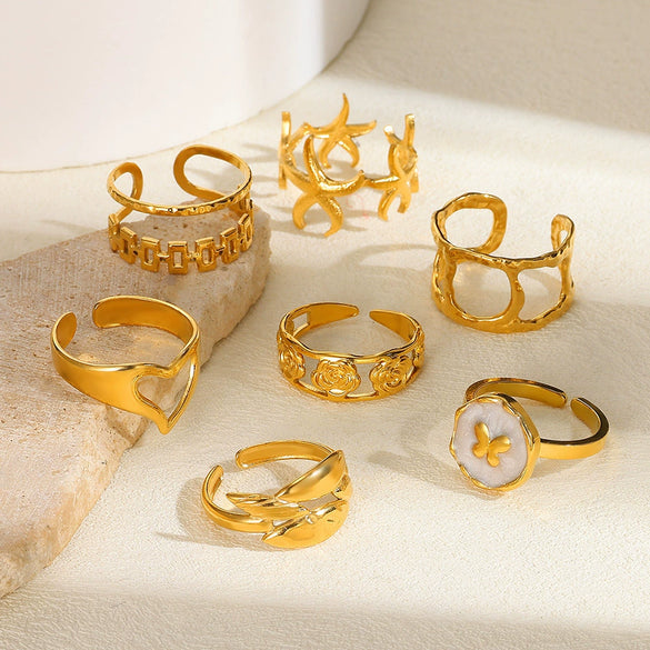 Hollow Geometric Stainless Steel Flower Ring 18K Gold Plated