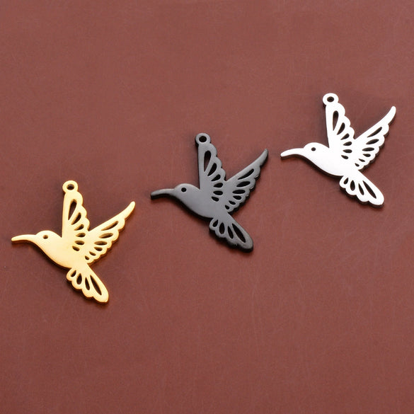 Hollow Hummingbird Stainless Steel Animal Pendant Doublesided Polished Electroplated Diy Jewelry Accessories
