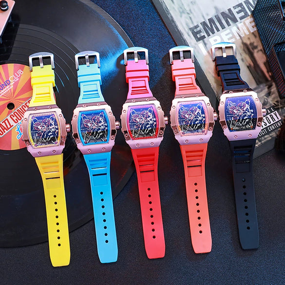 Hollow Imitation Mechanical Fashion Sports Student Silicone Quartz Watch For Women With Barrel Shaped Dial And Alloy Case