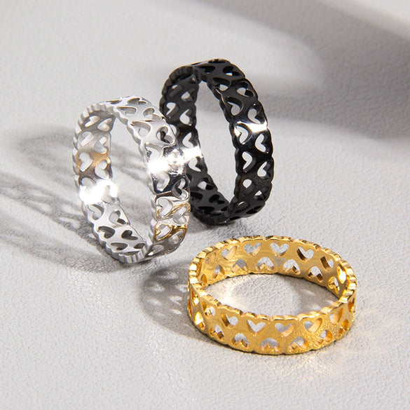 Hollow Love Heart Titanium Steel Ring For Men And Women Couple Rings Electroplated Hand Jewelry