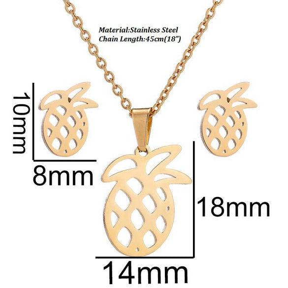 Hollow Pineapple Fruit Jewelry Set With Stainless Steel Necklace And Matching Earrings Electroplated Women's Accessories