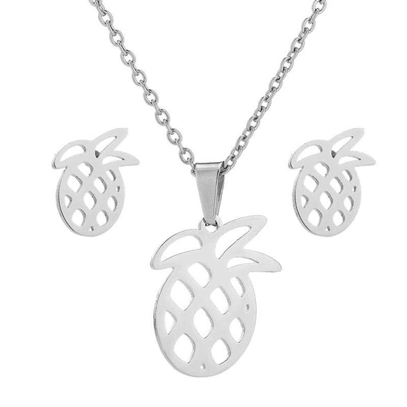 Hollow Pineapple Fruit Jewelry Set With Stainless Steel Necklace And Matching Earrings Electroplated Women's Accessories