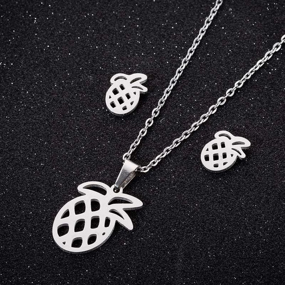 Hollow Pineapple Fruit Jewelry Set With Stainless Steel Necklace And Matching Earrings Electroplated Women's Accessories