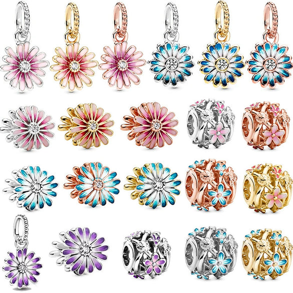 Hollow Pink Beaded Daisy Pendant Metal Jewelry Accessories With Electroplating And Totem Pattern For Female Diy Bracelet