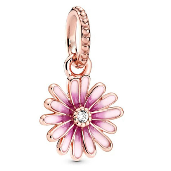 Hollow Pink Beaded Daisy Pendant Metal Jewelry Accessories With Electroplating And Totem Pattern For Female Diy Bracelet