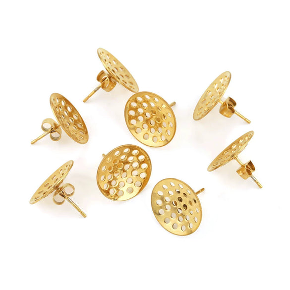 Hollow Round Ear Studs Handmade From Stainless Steel And Titanium Steel With Hirback Pattern And Electroplating Treatment