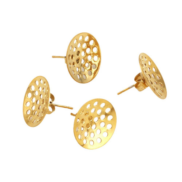 Hollow Round Ear Studs Handmade From Stainless Steel And Titanium Steel With Hirback Pattern And Electroplating Treatment