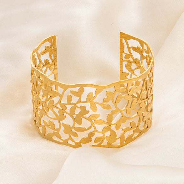Hollow Stainless Steel 18K Gold Plated Wide Adjustable Leaf Bracelet