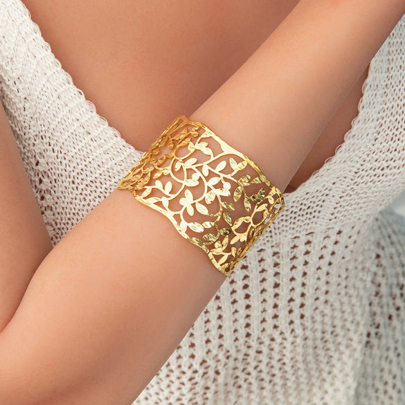 Hollow Stainless Steel 18K Gold Plated Wide Adjustable Leaf Bracelet